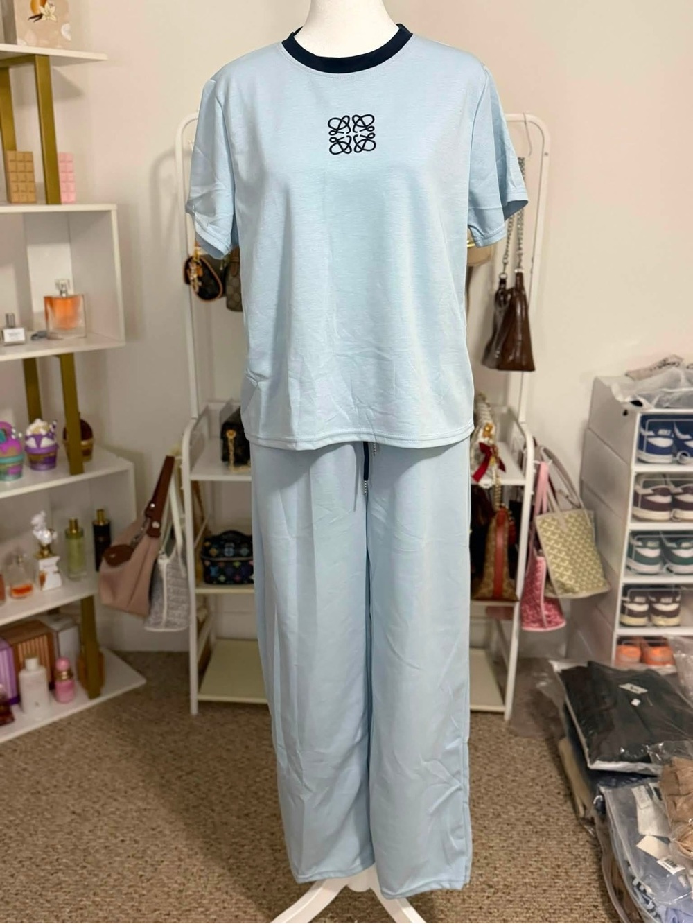 Light Blue Women's Lounge Jumpsuit with Navy Trim